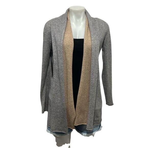 Neiman Marcus cashmere gray with tan trim open front cardigan XS - Picture 1 of 6